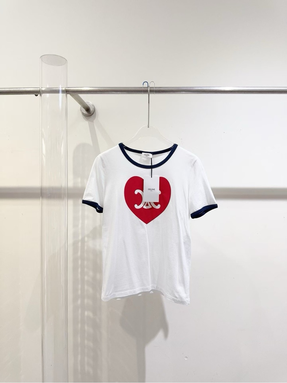 Celine White Short-Sleeve Tee with Red Heart and Navy Trim
